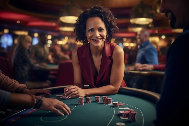 Meja Three Card Poker live di studio tokoslot77 dengan dealer profesional